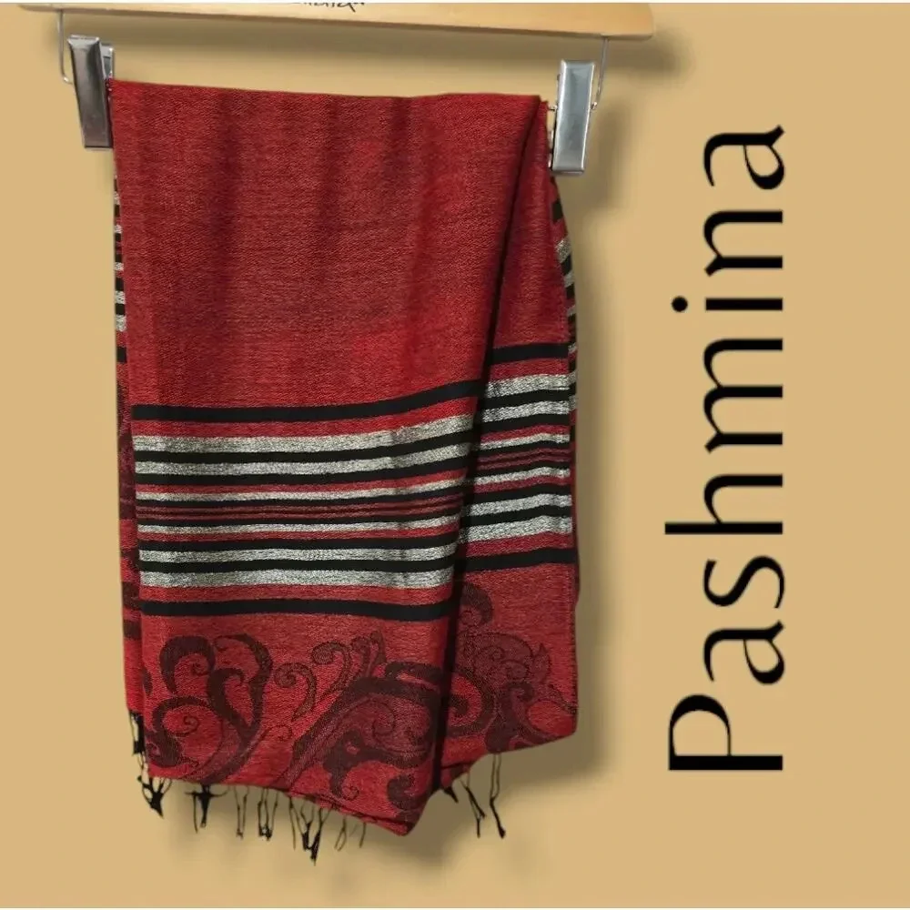 Pashmina Women's Red Multicolor Striped Scarf Wrap 69